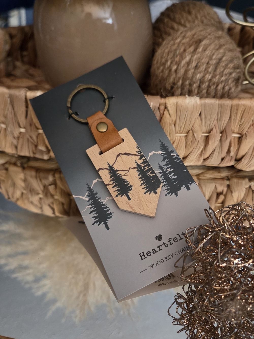 Heartfelt Wood Keychain Mountain Forest Rustic Inspirational Gift NWT